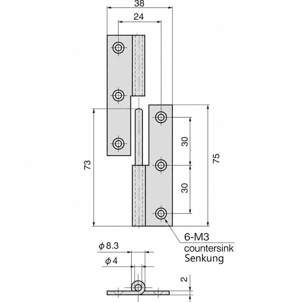 2 pieces high-quality poster hinge, made of SUS304 stainless steel, load capacity: 15 kg (34 lbs), 75 mm (2-61/64"), version: left, B-1004-1-L. Robust lifting hinge for doors, maintenance hatches and much more, by TAKIGEN (Japan) - Image 2