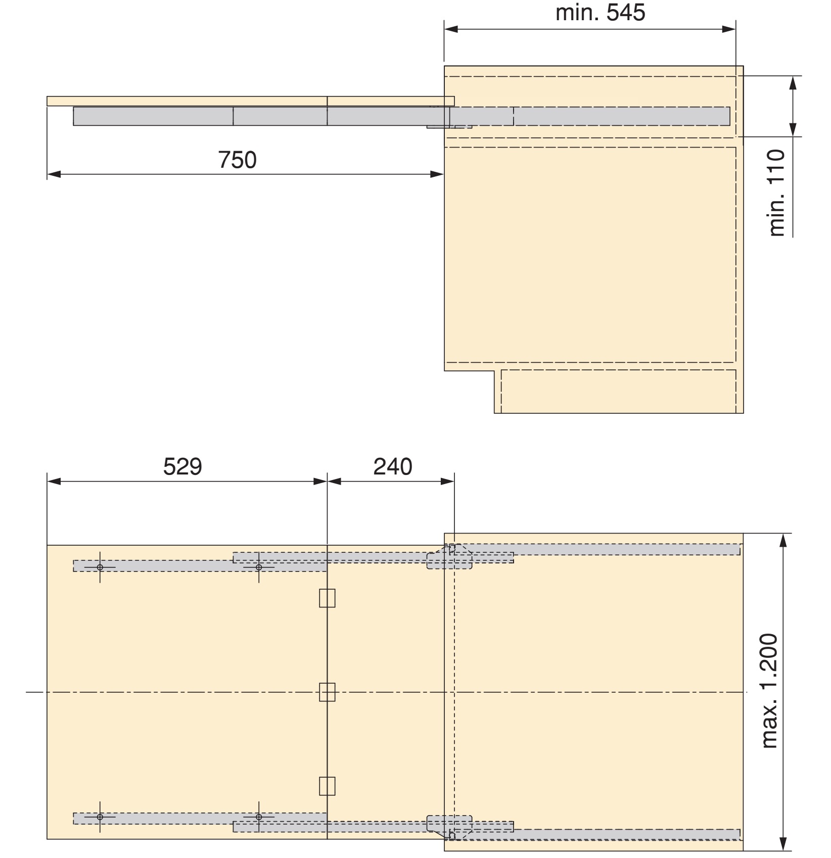 High-quality pull-out table fitting, load capacity: 60 kg (132 lbs), 750 mm (29-17/32"), 2046369. Robust table pull-out for kitchen cabinets, kitchen base cabinets, kitchen furniture, extendable tables, folding tables and much more, by EMUCA - Image 2