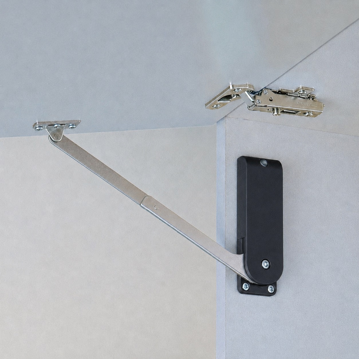 High-quality flap holder, surface: black, version: left, HDS-30ML-BL. Sturdy flap support for fold-ups, kitchen furniture and much more, by Sugatsune / LAMP® (Japan) - Image 4