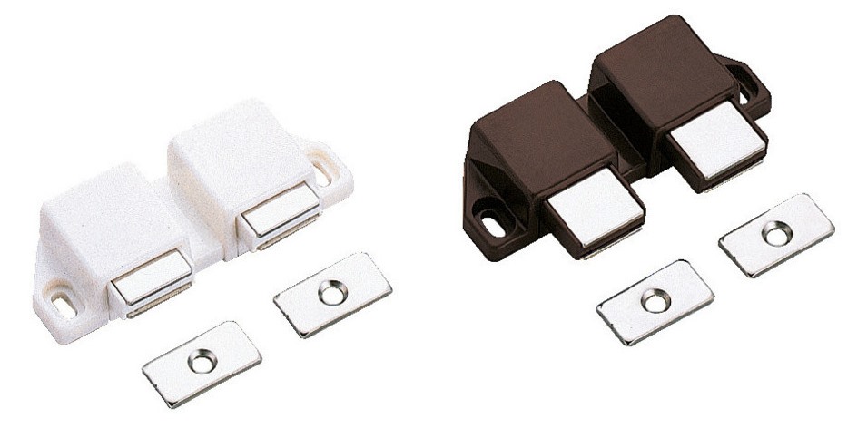 Compact magnetic snap flap, incl. counter plate, surface: brown, 25 mm (63/64"), version: with 2 plungers, ML-30WBR. Double door opener for furniture doors, cabinet doors and much more, by Sugatsune / LAMP® (Japan) - Image 4