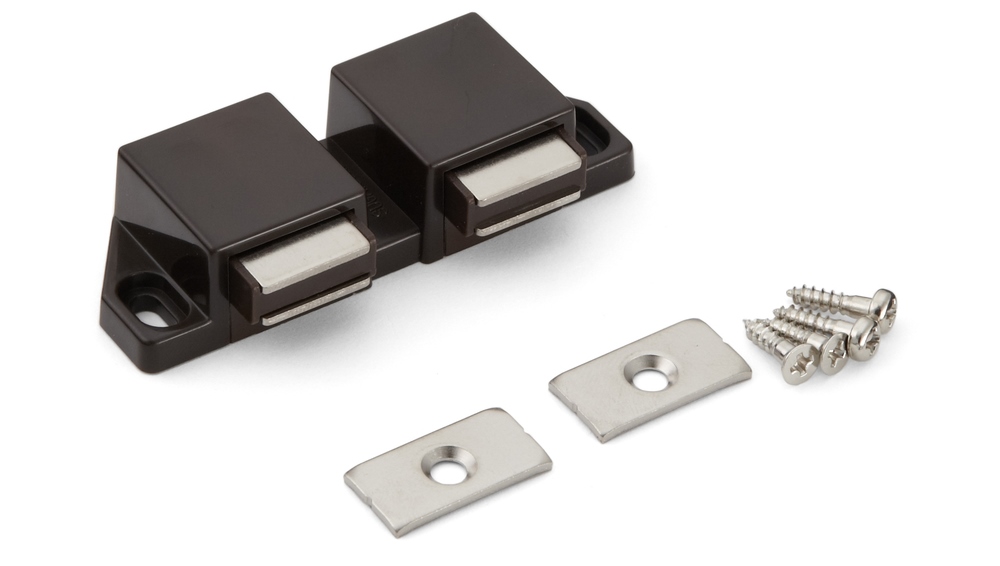 Compact magnetic snap flap, incl. counter plate, surface: brown, 25 mm (63/64"), version: with 2 plungers, ML-30WBR. Double door opener for furniture doors, cabinet doors and much more, by Sugatsune / LAMP® (Japan) - Image 3