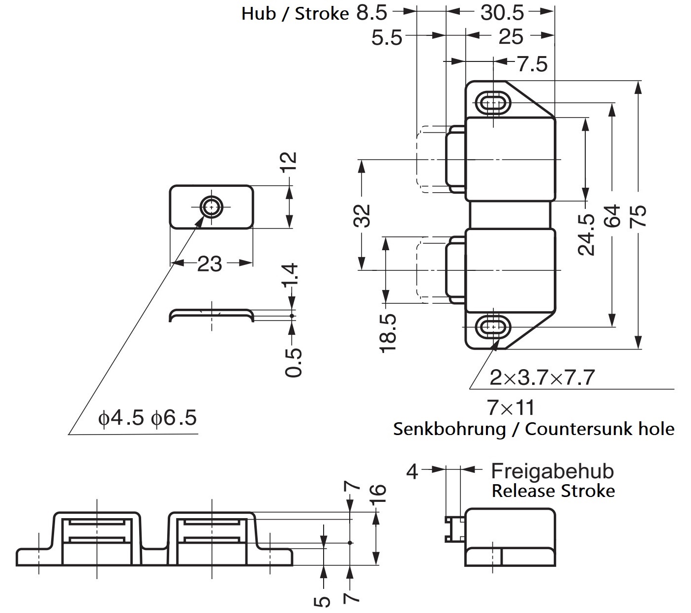 Compact magnetic snap flap, incl. counter plate, surface: brown, 25 mm (63/64"), version: with 2 plungers, ML-30WBR. Double door opener for furniture doors, cabinet doors and much more, by Sugatsune / LAMP® (Japan) - Image 2