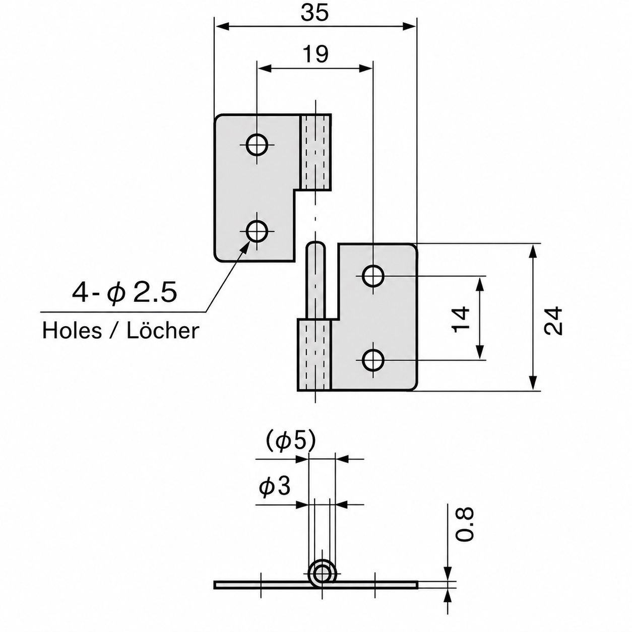Compact lifting hinge, B-56-L, height: 35 mm, by TAKIGEN, load capacity: 2 kg (5 lbs), version: left. Technical drawing