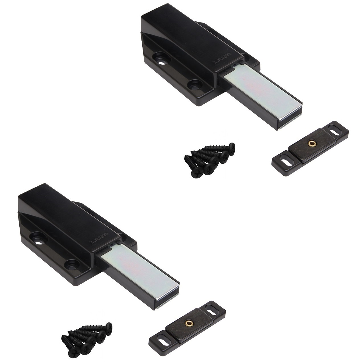 2 pieces of magnetic snap latches, incl. counter plate ML-120BL, 70 mm (2-3/4") by Sugatsune, black, version: with long plunger. Product Image