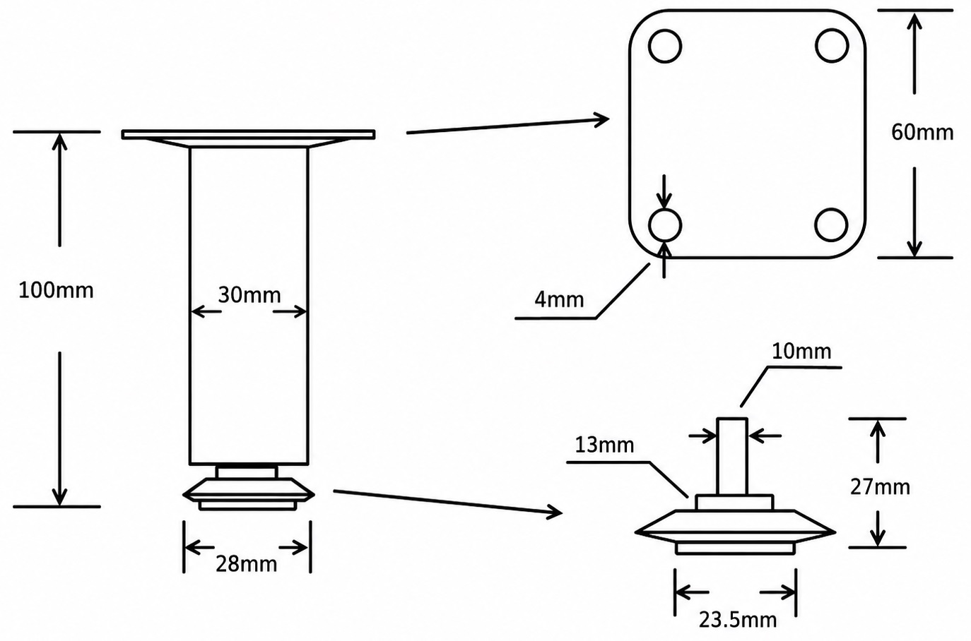 High-quality furniture leg, 06.09.412-0, size: 100 mm, by SISO, black. Technical Drawing