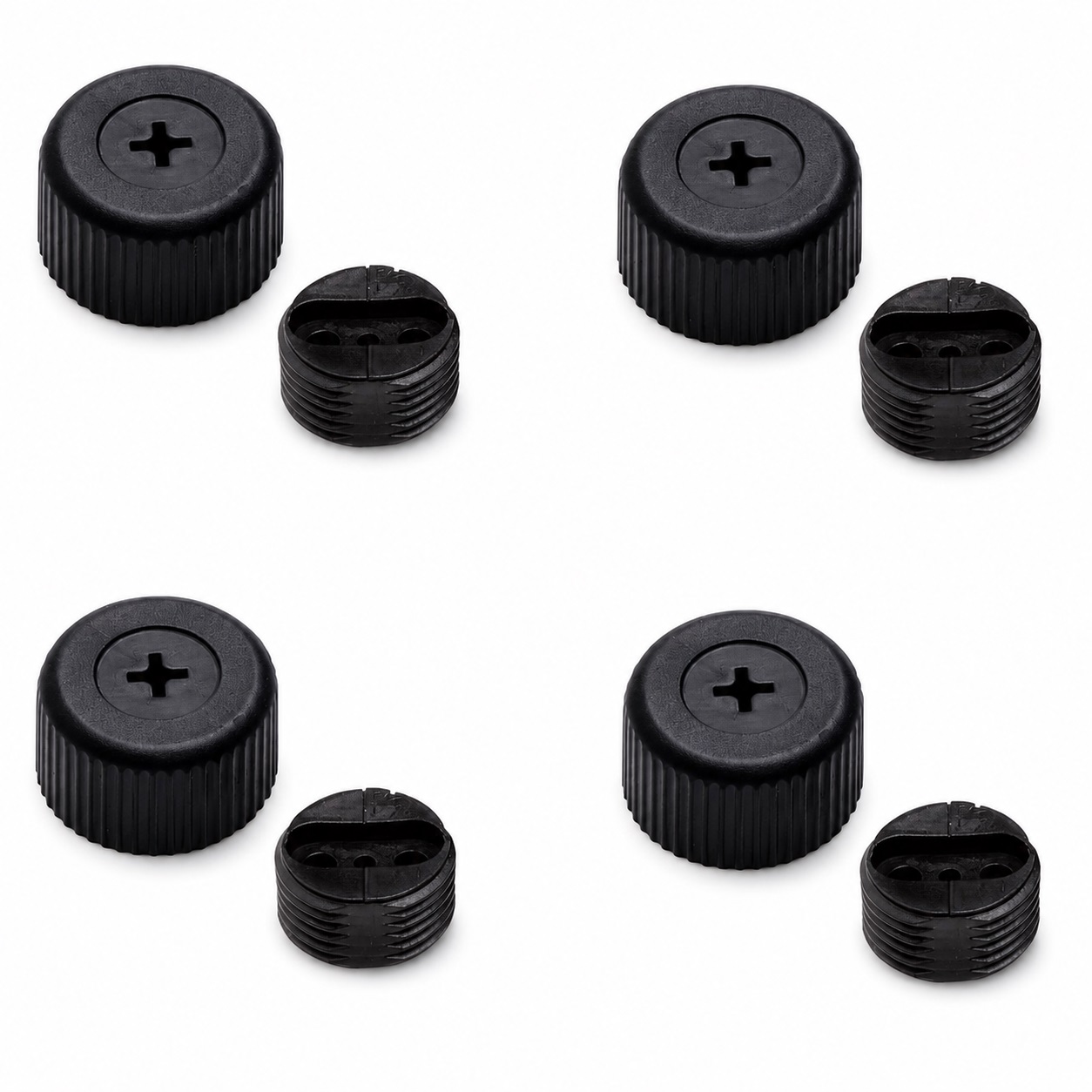 4 pieces robust furniture adjuster, B572-25-BK, diameter: ⌀25 mm, by Kojima, load capacity: 600 kg (1323 lbs), black, version: with Phillips receptacle for screwdriver. Product Image