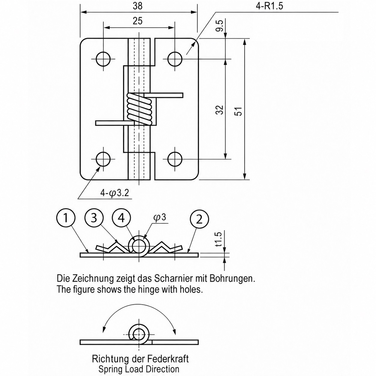 2 pieces stainless high-quality spring strap, made of stainless steel SUS304, 38 mm (1-1/2"), torque: 12.3 N·m, TH-61SUS-3. Robust spring hinge for equipment flaps, housing doors, covers and much more, by TOCHIGIYA (Japan) - Image 2