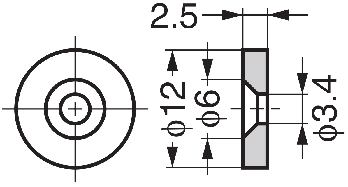 Round magnetic counter plate, W4, diameter: ⌀12 mm, by Sugatsune, zinc chromate. Technical drawing
