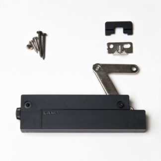 Soft-down flap fitting, surface: black, compact CSD-10-TV-L-BL, by Sugatsune / LAMP (Japan)